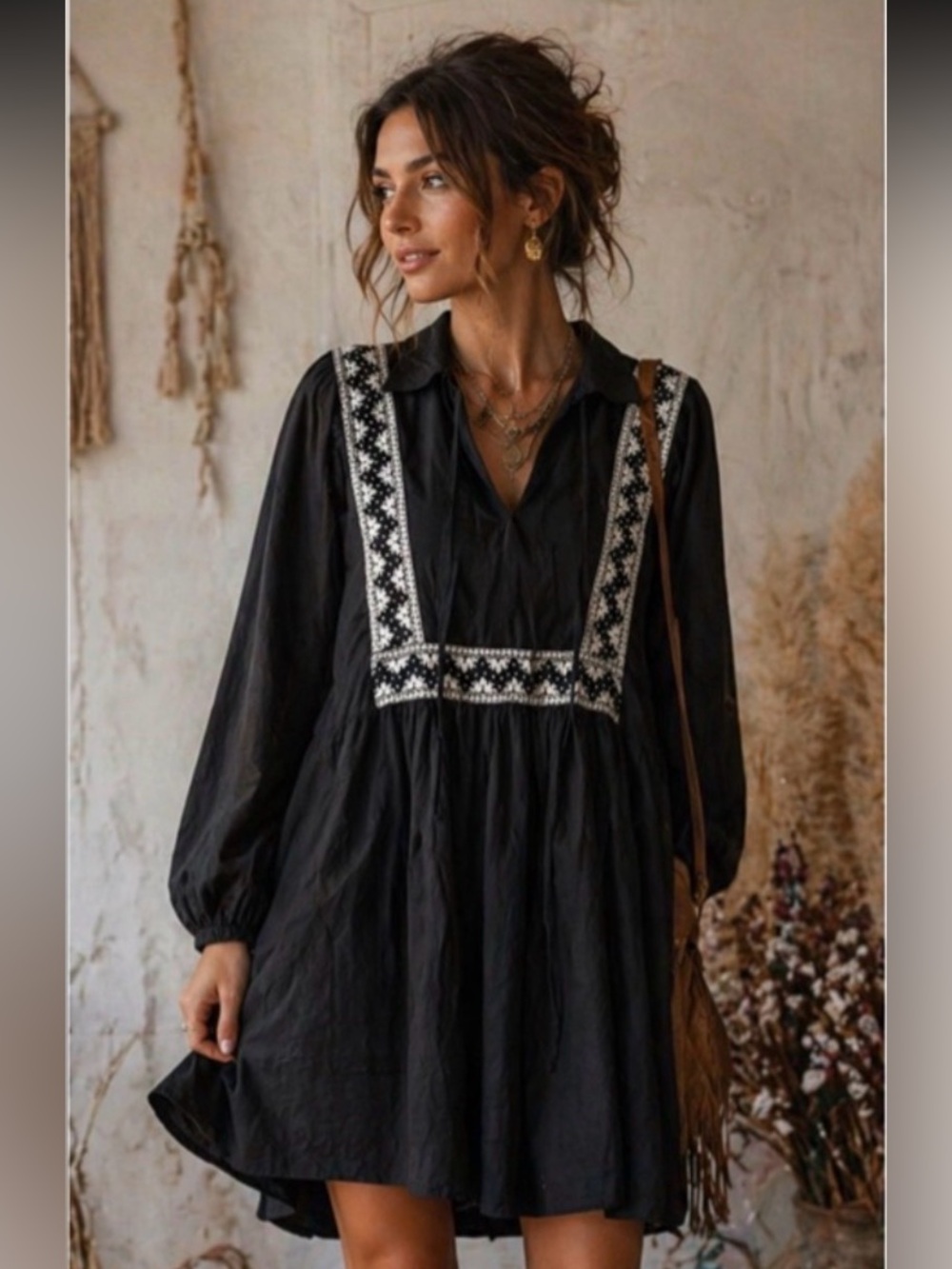 Momoni Black Embroidered Cotton Mini Dress Long Bell Sleeve Boho Babydoll 44